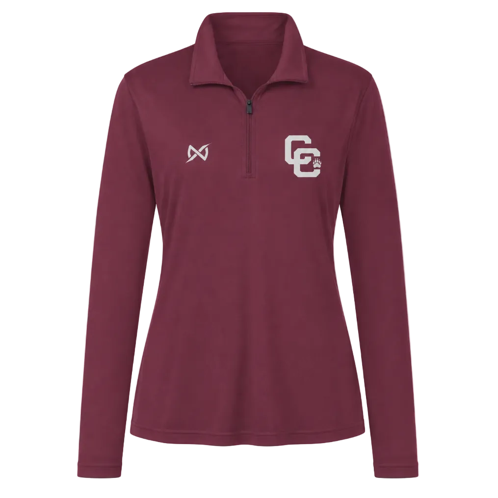 A women's long-sleeve quarter-zip pullover in maroon with white embroidered logos on the chest, displayed on a clean white background.