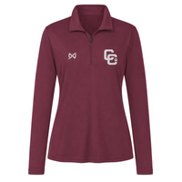 A women's long-sleeve quarter-zip pullover in maroon with white embroidered logos on the chest, displayed on a clean white background.