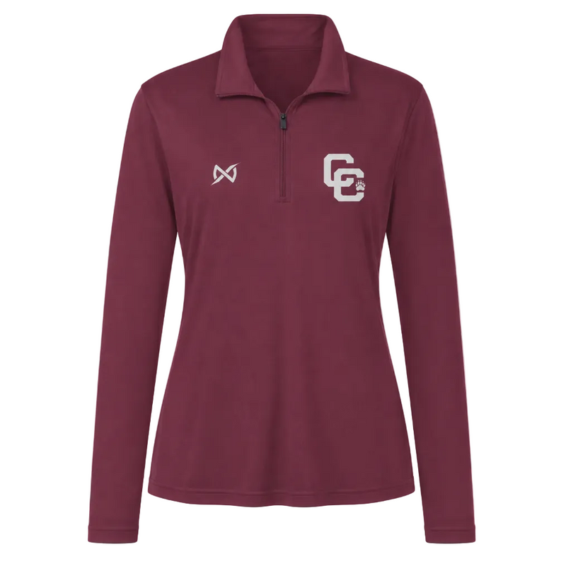 A women's long-sleeve quarter-zip pullover in maroon with white embroidered logos on the chest, displayed on a clean white background.