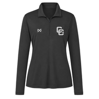 A women's black long-sleeve quarter-zip polo shirt with a half-placket collar, featuring a white stylized 'M' logo on the right chest and a white 'CC' monogram on the left chest.